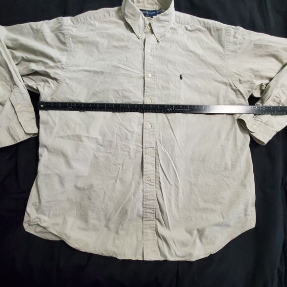 Ralph Lauren Mens Button Up Shirt Tan Size Large Cotton Long Sleeve Blue Pony - Picture 4 of 9